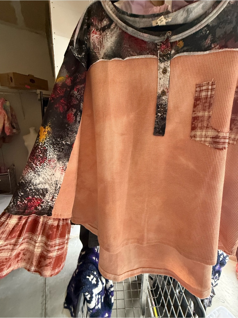 POL Peach Long-Sleeve Mixed-Print Henley Top